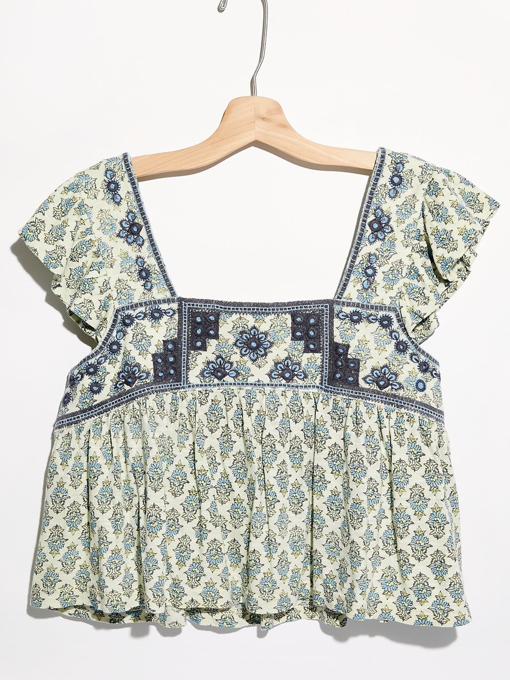 Free People Floral Square Neck Embroidered Top - XL